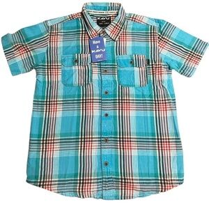 Kavu blue red plaid button down shirt youth large NWT
